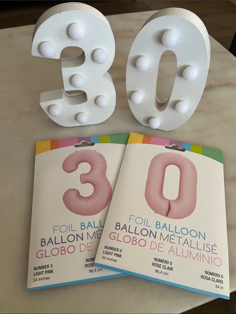 Number Thirty Light Up Numbers and Pink Foil Balloons